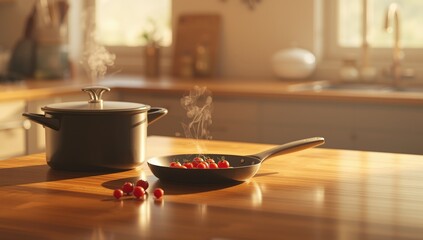 Black and gray cookware set with tomatoes, highlighting food preparation efficiency and utensil safety