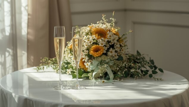 Wine glasses set on a white surface with a floral bouquet in the background, vintage wedding theme, highlighting romantic occasion