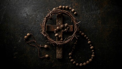 Beads with cross placed on a weathered metal surface, highlighting spiritual devotion and corrosion, Holy Week reflection