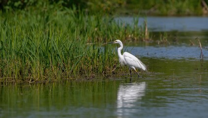 Snowy Egret perched among marshes in its native environment, highlighting migratory bird conservation