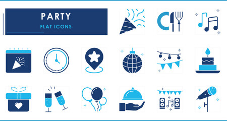 A set of flat icons related to Party. Cake, gift, clock, fireworks, drinks, enjoy, music, food, and so on.