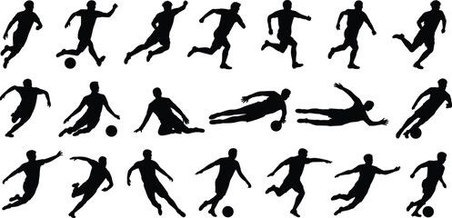 Silhouettes of soccer players in dynamic action poses, showcasing movement, athleticism, and energy for sports design and education © MDAMIRHAMJA