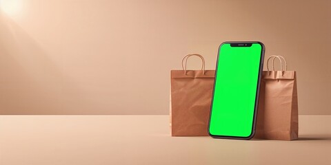 E-commerce setup featuring mini kraft paper bags and a smartphone with a green screen for product showcase