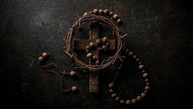Beads with cross placed on a weathered metal surface, highlighting spiritual devotion and corrosion, Holy Week reflection - Powered by Adobe