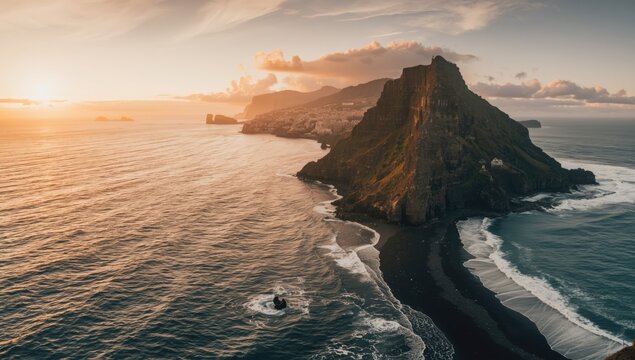 Rough ocean with crashing waves along a volcanic shoreline during sunset, highlighting natural erosion, Lighthouse Ponta do Pargo, Madeira