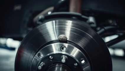 Fototapeta premium Passenger car brake system with a small rock trapped between rotor and heat shield, emphasizing safety check