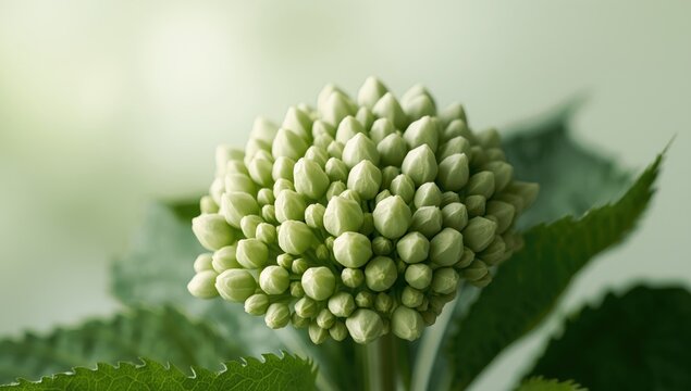 Detailed view of light green hydrangea buds with vibrant leaves, highlighting plant vitality, World Environment Day