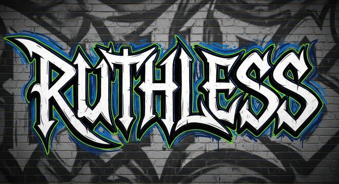 Stylized aggressive lettering spray painted as street art on a dark brick wall