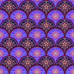 Dark Seamless Scallop Pattern with Golden Mandala Motifs: Ultra Violet and Royal Blue Jewel Tones in a Textured Fan Scale Layout.