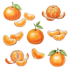 set of watercolor chinese mandarin orange fruit