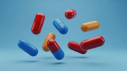 Floating multicolored capsules against a smooth, light blue backdrop