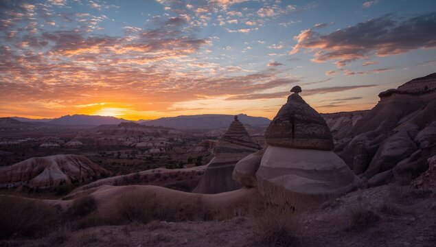 Mushrooms and rock formations in a dove valley at sunset in autumn, highlighting erosion features in Cappadocia, Turkey