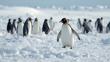 Group of penguins standing on snow, highlighting their adaptation to cold environments, World Penguin Awareness Day