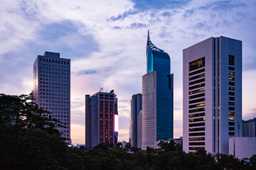 View of Jakarta's Central Business District at dusk (blue hour). Jakarta cityscape at sunset.