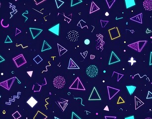 Neon geometric shapes on dark blue, repeating patterns, vibrant design