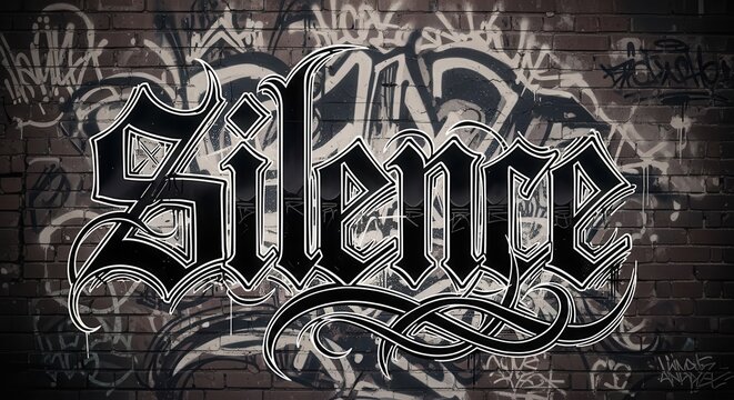 Ornate gothic lettering spelling the word silence overlays a brick wall covered in abstract graffiti