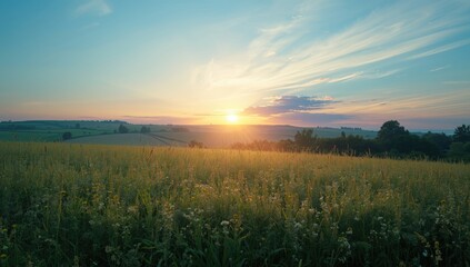 Fototapeta premium Sunrise over a rural field provides a scenic backdrop for background design or layout