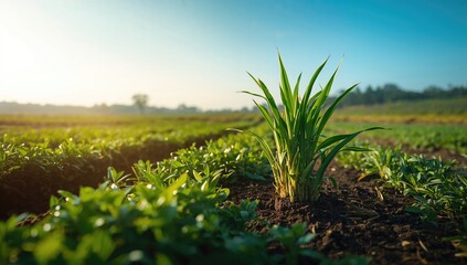 Young sugarcane plants developing through careful cultivation techniques, highlighting early-stage agricultural activities