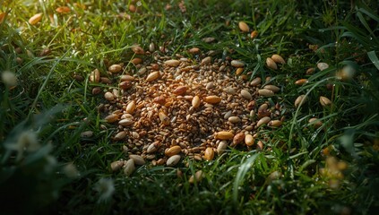 Aerial view of bird seed scatterings on the ground highlighting natural feeding habits
