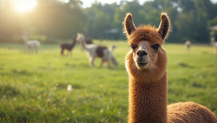 Farm scene with a cheerful llama among grazing companions, focusing on livestock management
