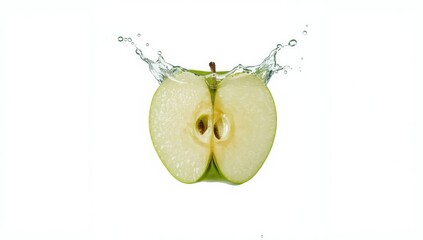 Green apple half with juice splashing and droplets, illustrating hydration and refreshment, World Hydration Day