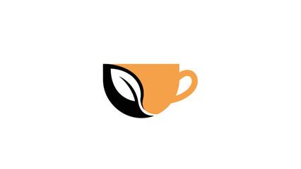 A minimalist logo featuring an orange cup with a black leaf integrated into its left side, symbolizing natural beverages or organic coffee/tea.