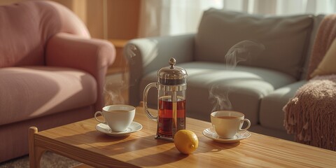 Tea setup featuring a French press and lemon cups on a sofa, designed for editorial header backgrounds