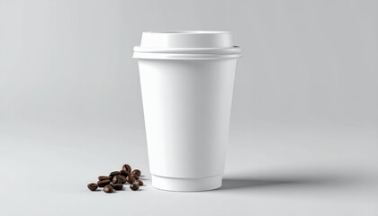 White disposable coffee cup with lid and coffee beans on a light background.