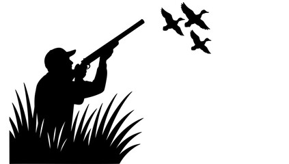 Duck hunter aiming shotgun at birds in flight over grass