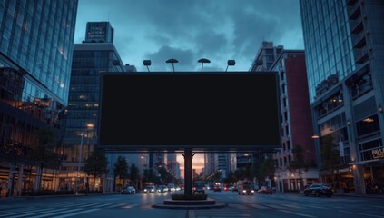 Dark billboard in an evening cityscape, suitable for background or advertising space