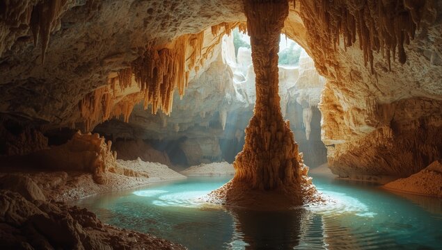 Historic cave with stalactites and stalagmites in Fatima, Portugal, offering insights into natural mineral formations