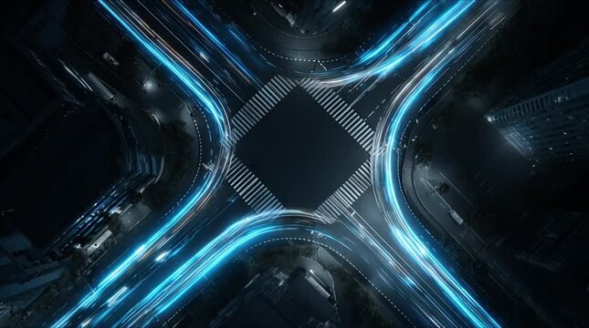 Aerial view of futuristic smart city intersection with glowing blue data trails and high-speed traffic (AI Generated)