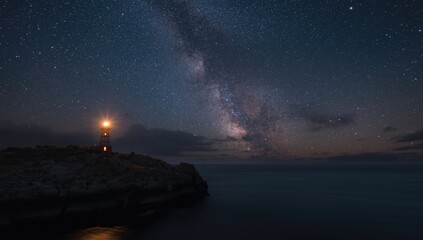 Miniature luminous lighthouse set against a dark sky, used as a decorative lighting feature for maritime safety, World Maritime Day