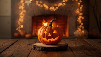 Halloween pumpkin head jack o lantern with burning fire background, used as a decorative piece for holiday ambiance