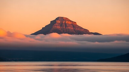 Majestic mountain peak emerging above sea of clouds at sunrise or sunset over calm water body