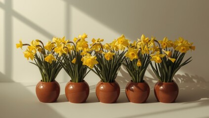 Daffodils sprouting in flowerpots from bulbs, spring gardening, Earth Day