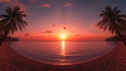 Vertical panorama of a sunset scene featuring ocean and tropical palm trees, suitable for editorial headers