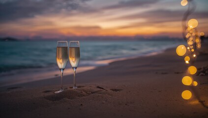Beach setting with champagne glasses at night, ideal for event or celebration backgrounds