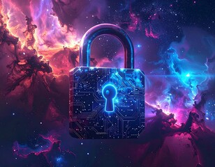 Neon illuminated circuit padlock floating in space nebulae