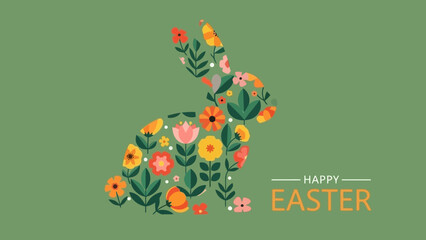 A Floral Easter Bunny Illustration with Cheerful Flowers and Happy Easter Greetings © Eka