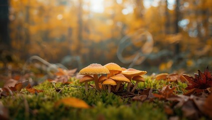 Mushrooms sprouting in a woodland setting in fall, highlighting natural growth cycles