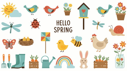 Obraz premium Spring Vector Illustration Set with Birds, Insects, and Flowers