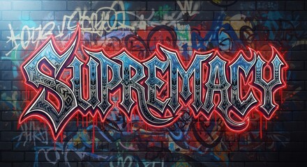 Obraz premium Ornate, stylized lettering spelling a word glows dramatically against a background of complex street art on brick