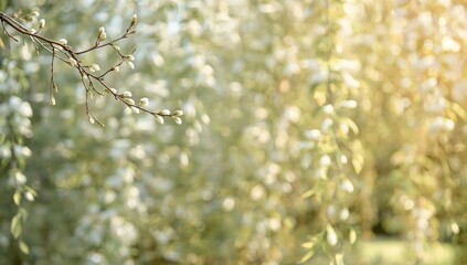 Tree branch with buds set against a blurred spring background with fresh leaves and bokeh, highlighting seasonal growth