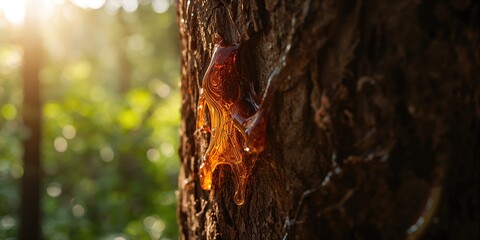 Sticky resin oozing from tree trunks used for natural adhesives, sustainability awareness