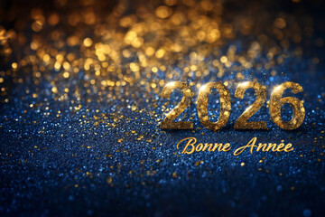 Chiffres dor&eacute;s 2026 et texte en fran&ccedil;ais "Bonne Ann&eacute;e" sur fond bleu paillet&eacute; or avec lumi&egrave;re chaude et espace n&eacute;gatif copyspace pour nouvel an 2026, Saint Sylvestre et v&oelig;ux de f&ecirc;tes de fin d&rsquo;ann&eacute;e