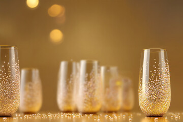 Rang&eacute;e de verres scintillants avec bulles sur fond dor&eacute; effet bokeh, pour nouvel an, Saint Sylvestre et toute autre f&ecirc;te de l&rsquo;ann&eacute;e, espace n&eacute;gatif copyspace, anniversaire