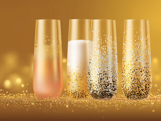 Quatre verres remplis de champagne et cocktails p&eacute;tillants d&eacute;cor&eacute;s de paillettes dor&eacute;es sur fond dor&eacute; pour c&eacute;l&eacute;brer le nouvel an, les anniversaires, mariages et autres f&ecirc;tes de l&rsquo;ann&eacute;e