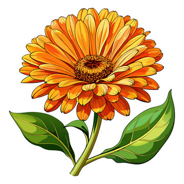 Orange Calendula Marigold Flower with Green Leaves