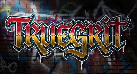 Stylized lettering featuring the words 'True Grit' painted in a bold graffiti style upon a dark brick wall surface.